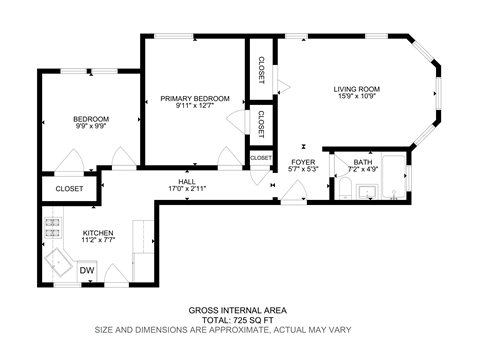 Floor plan for 2 beds, 1 bath, 725 sqft